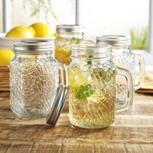 glaver's mason jar cups 16oz – set of 4 mason jars with lids and handles – hammered style large mason cups for parties, dinner, home, lemonade, smoothies, cocktails, drinks - dishwasher safe.