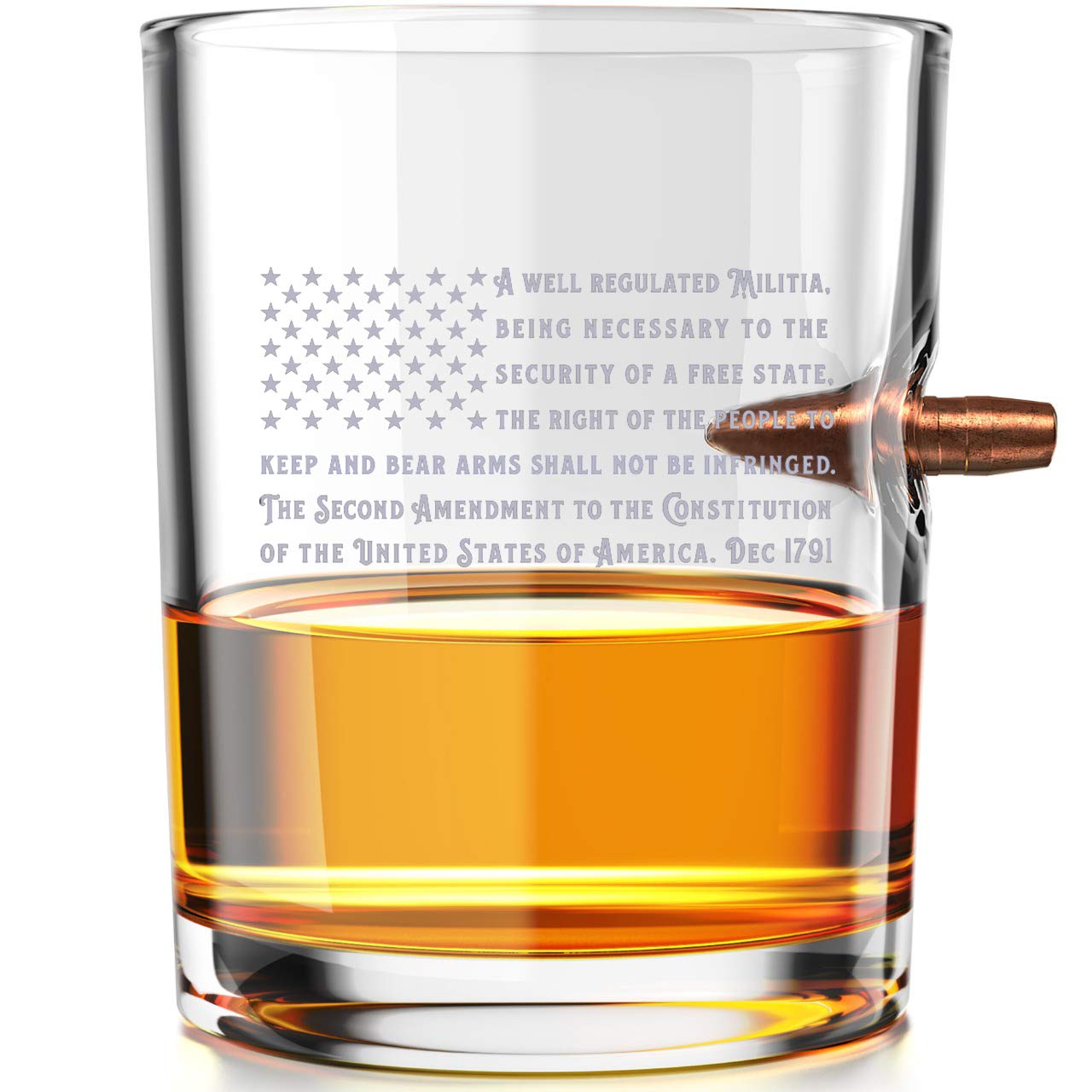 2nd Amendment American Flag - .308 Real Bullet Hand Blown Old Fashioned Whiskey Rocks Glass