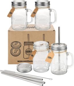 smith's mason jars 16oz/473ml 4-pc glass cups with lid, straw and handles - smoothie glasses - good for milkshake, juices, ice coffee ideal for picnics diy drinks and outdoor activity