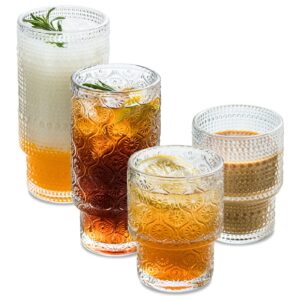 polidream vintage glassware set of 4 pcs glass cups, 2 embossed stackable pattern style & 2 raindrop origami style, elegant old fashioned glasses, ideal for whiskey, cocktail, ice coffee, beer