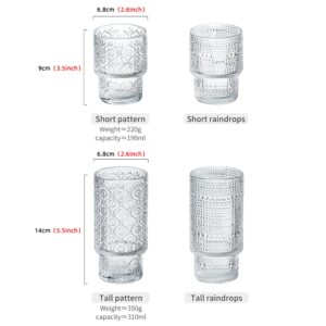 POLIDREAM Vintage Glassware Set of 4 pcs Glass Cups, 2 Embossed Stackable Pattern Style & 2 Raindrop Origami Style, Elegant Old Fashioned Glasses, Ideal for Whiskey, Cocktail, Ice Coffee, Beer