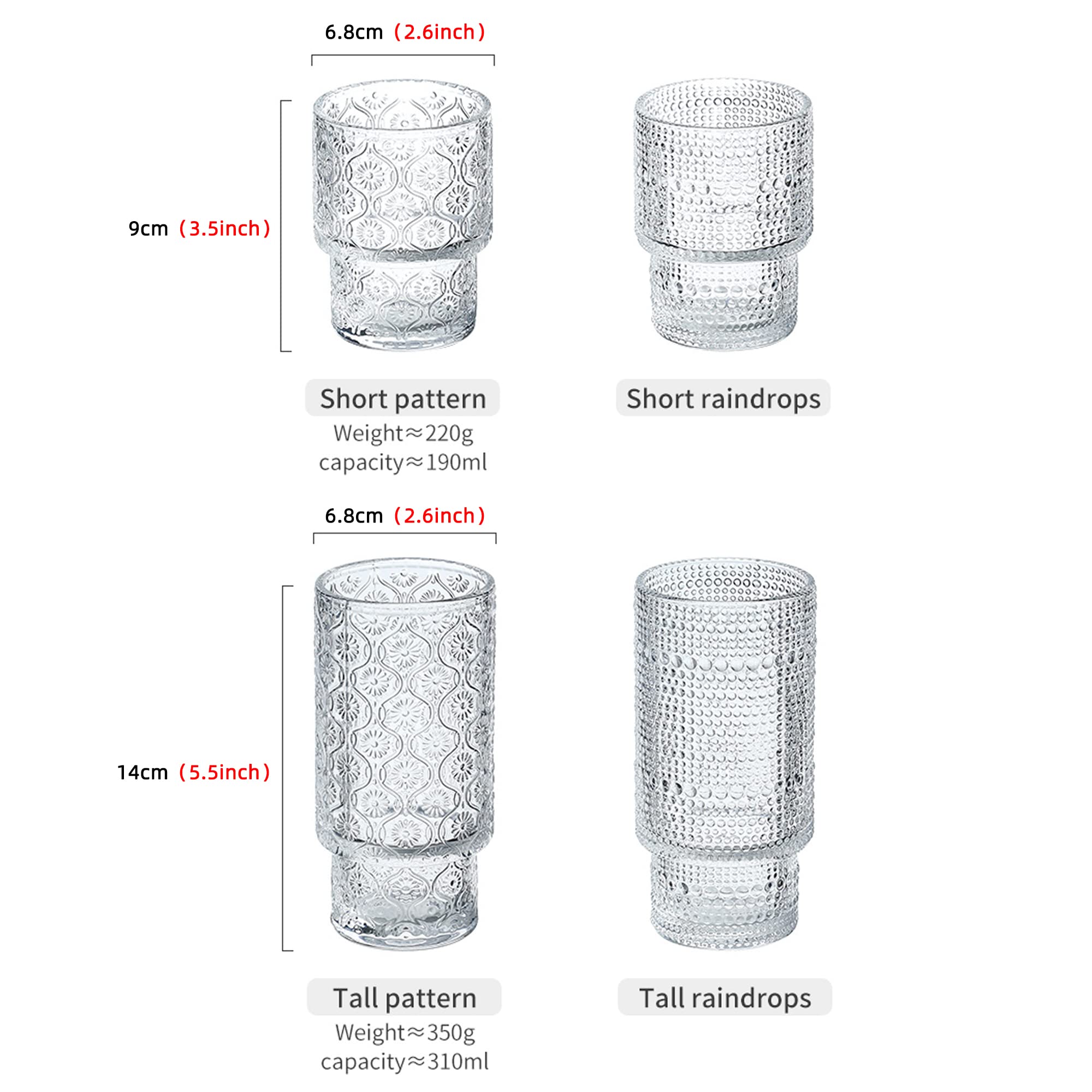 POLIDREAM Vintage Glassware Set of 4 pcs Glass Cups, 2 Embossed Stackable Pattern Style & 2 Raindrop Origami Style, Elegant Old Fashioned Glasses, Ideal for Whiskey, Cocktail, Ice Coffee, Beer