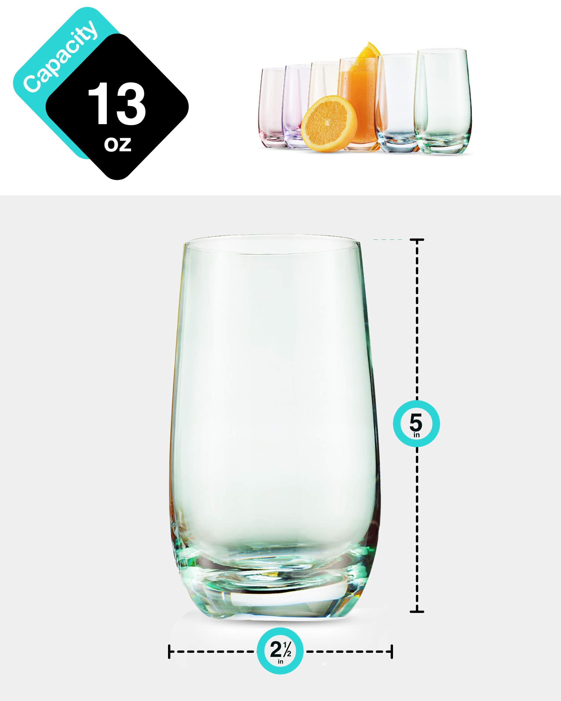 MITBAK 13- OZ Colored Highball Glasses (Set of 6) | Drinking Glasses Tumblers for Mixed Drinks, Water, Juice beer, cocktail | Glassware Set, Excellent Gift | Glass Cups Made in slovakia