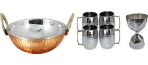 parijat handicraft stainless steel copper serving kadhai pan with steel mug and embossed brass shot jigger