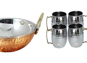 PARIJAT HANDICRAFT Stainless steel copper serving kadhai pan with steel mug and embossed brass shot jigger