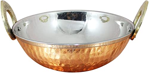 PARIJAT HANDICRAFT Stainless steel copper serving kadhai pan with steel mug and embossed brass shot jigger