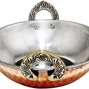 PARIJAT HANDICRAFT Stainless steel copper serving kadhai pan with steel mug and embossed brass shot jigger