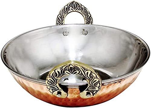 PARIJAT HANDICRAFT Stainless steel copper serving kadhai pan with steel mug and embossed brass shot jigger