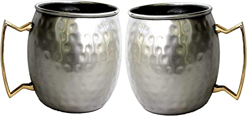 PARIJAT HANDICRAFT Set of 4 Stainless Steel Moscow Mule Mugs(Brass-Handle)