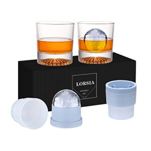 whiskey rocks glass, set of 4 (2 crystal bourbon glasses, 2 big ice ball molds) in gift box - 10 oz old fashioned glasses for scotch cocktail rum cognac vodka liquor brandy, unique gifts for men