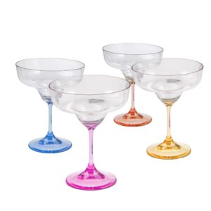 lily's home unbreakable plastic margarita glasses with colored stem. made of shatterproof polycarbonate plastic and ideal for indoor and outdoor use, reusable (10 oz. each, set of 4)