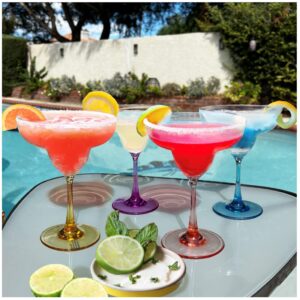 Lily's Home Unbreakable Plastic Margarita Glasses with Colored Stem. Made of Shatterproof Polycarbonate Plastic and Ideal for Indoor and Outdoor Use, Reusable (10 oz. Each, Set of 4)