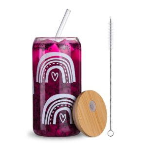 KAUND Ice Coffee Cup with Bamboo Lids and Glass Straw,16oz Sublimation Boho Printed Beer Can Glasses,Ideal for Cocktails,Whiskey,Beer,Soda and Gifts（C01-rainbow