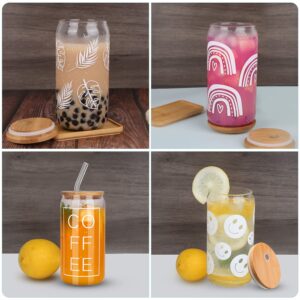 KAUND Ice Coffee Cup with Bamboo Lids and Glass Straw,16oz Sublimation Boho Printed Beer Can Glasses,Ideal for Cocktails,Whiskey,Beer,Soda and Gifts（C01-rainbow