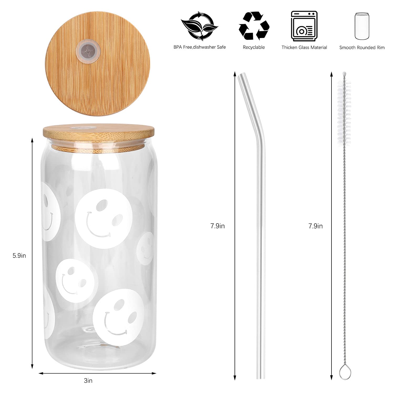 KAUND Ice Coffee Cup with Bamboo Lids and Glass Straw,16oz Sublimation Boho Printed Beer Can Glasses,Ideal for Cocktails,Whiskey,Beer,Soda and Gifts（C01-rainbow