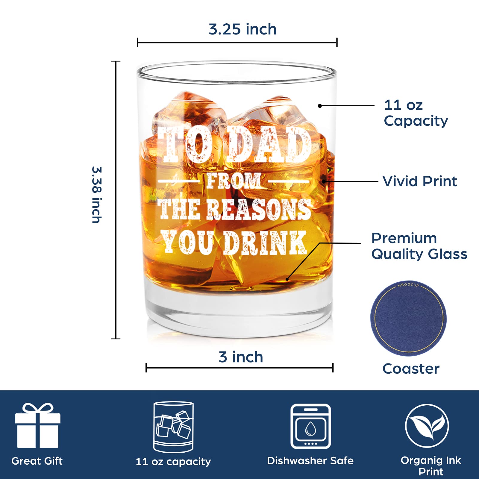 NBOOCUP To Dad From The Reasons You Drink Funny Whiskey Glasses Gift for Dad - Novelty Birthday, Christmas Gift for Dad, Dad Gift from Daughter, Son, Wife, Cool Present Ideas for Dad, 11 oz