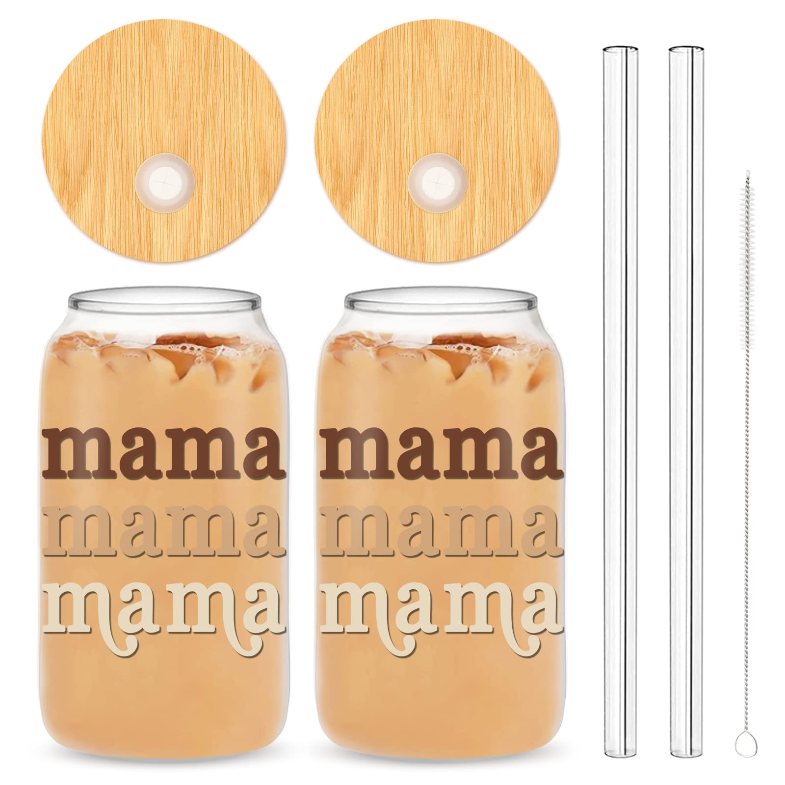 Whaline Gifts for Mother from Daughter Boho Mama Drinking Glasses with Bamboo Lids and Straw 2Pcs Mothers Day Gifts Ice Coffee Cup for Cocktails Whiskey Beer Soda Mother Gifts