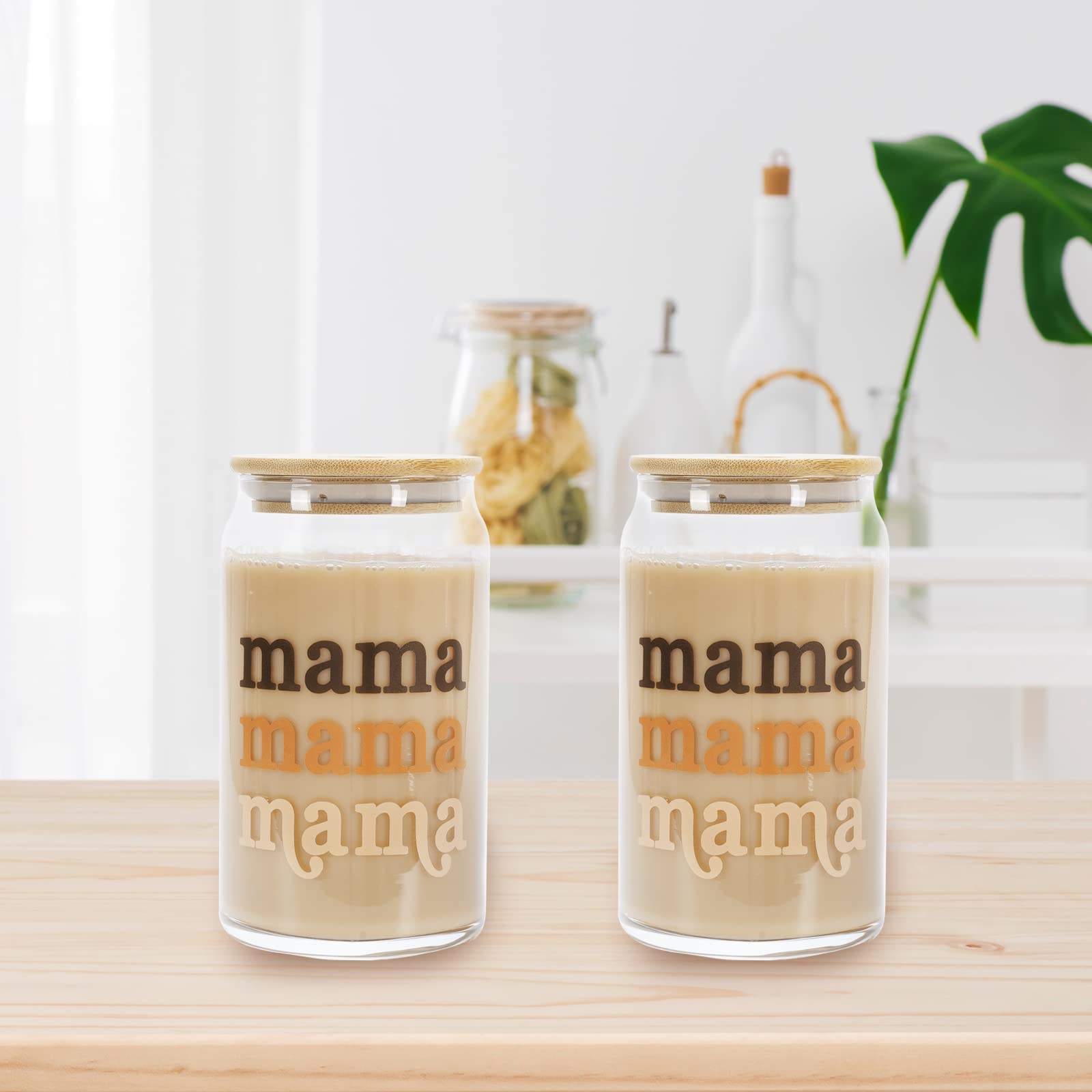 Whaline Gifts for Mother from Daughter Boho Mama Drinking Glasses with Bamboo Lids and Straw 2Pcs Mothers Day Gifts Ice Coffee Cup for Cocktails Whiskey Beer Soda Mother Gifts