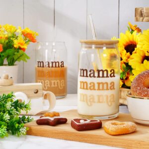 Whaline Gifts for Mother from Daughter Boho Mama Drinking Glasses with Bamboo Lids and Straw 2Pcs Mothers Day Gifts Ice Coffee Cup for Cocktails Whiskey Beer Soda Mother Gifts