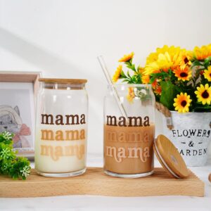 Whaline Gifts for Mother from Daughter Boho Mama Drinking Glasses with Bamboo Lids and Straw 2Pcs Mothers Day Gifts Ice Coffee Cup for Cocktails Whiskey Beer Soda Mother Gifts