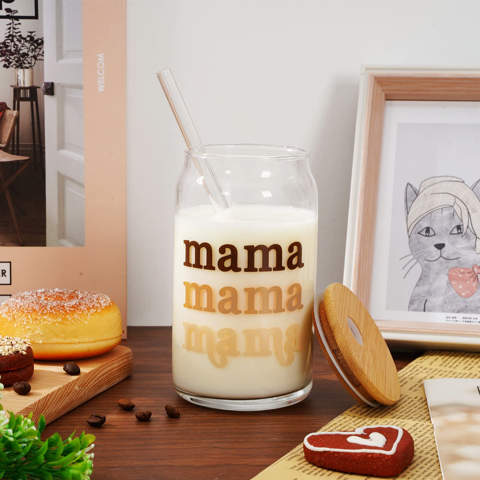 Whaline Gifts for Mother from Daughter Boho Mama Drinking Glasses with Bamboo Lids and Straw 2Pcs Mothers Day Gifts Ice Coffee Cup for Cocktails Whiskey Beer Soda Mother Gifts