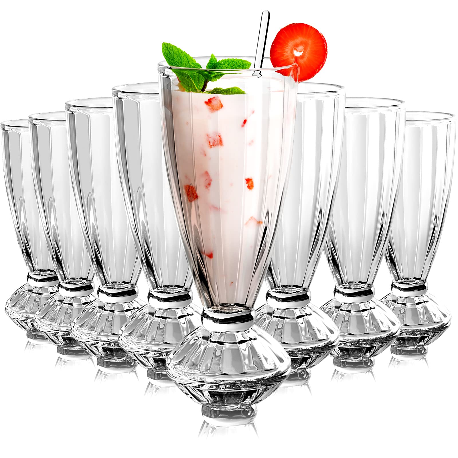 8 Pieces Milkshake Glass Clear Ice Cream Soda Glass with 8 Long Stainless Steel Spoons Old Fashioned Fountain Soda Cups for Beer Dessert Milk