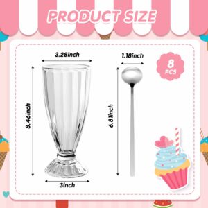 8 Pieces Milkshake Glass Clear Ice Cream Soda Glass with 8 Long Stainless Steel Spoons Old Fashioned Fountain Soda Cups for Beer Dessert Milk