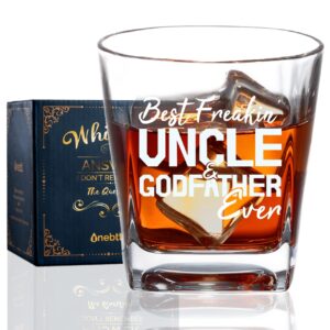 onebttl godfather gifts, whiskey glass funny gift idea for the best godfather for proposal, christmas, birthday, box and greeting card included - the man the myth the legend