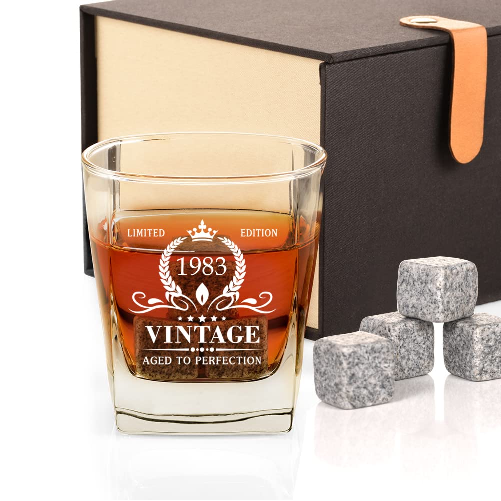 Triwol 41st Birthday Gifts for Men, Vintage 1983 Whiskey Glass and Stones Funny 41 Birthday Gift for Dad, Husband, Brother, Son, 41st Anniversary Present Ideas for Him, 41 Bday Decorations 12OZ