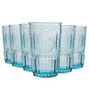 bormioli rocco romantic set of 6 cooler glasses, 16 oz. colored crystal glass, light blue, made in italy.