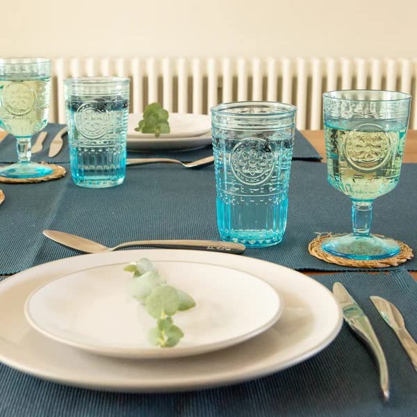 Bormioli Rocco Romantic Set Of 6 Cooler Glasses, 16 Oz. Colored Crystal Glass, Light Blue, Made In Italy.