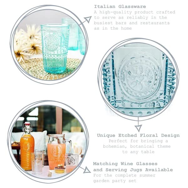 Bormioli Rocco Romantic Set Of 6 Cooler Glasses, 16 Oz. Colored Crystal Glass, Light Blue, Made In Italy.