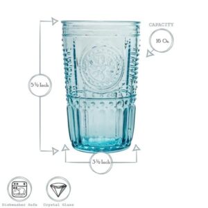 Bormioli Rocco Romantic Set Of 6 Cooler Glasses, 16 Oz. Colored Crystal Glass, Light Blue, Made In Italy.
