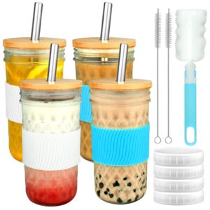 [ 4 pack ] glass cups set - 22oz wide mouth mason jar drinking glasses with bamboo lids & straws & 4 airtight lids, boba cup bubble tea cup, smoothie cups tumbler for pearl milk tea,iced coffee,juice