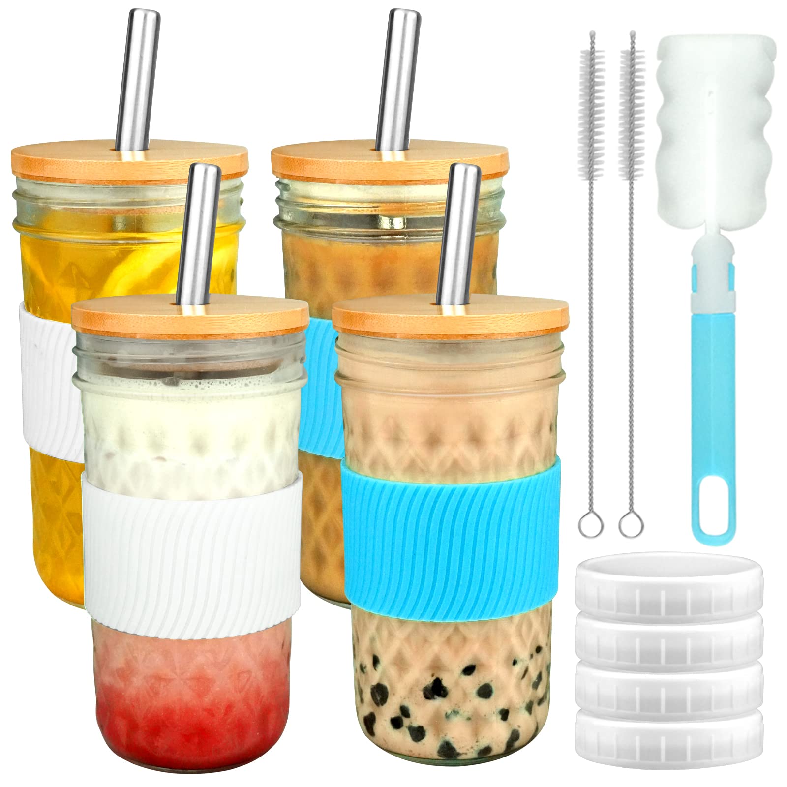 [ 4 Pack ] Glass Cups Set - 22oz Wide Mouth Mason Jar Drinking Glasses with Bamboo Lids & Straws & 4 Airtight Lids, Boba Cup Bubble Tea Cup, Smoothie Cups Tumbler for Pearl Milk Tea,Iced Coffee,Juice