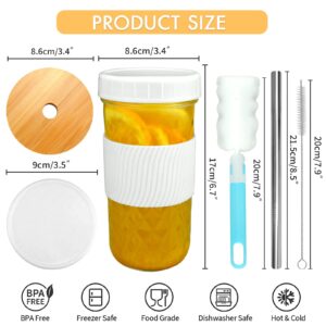 [ 4 Pack ] Glass Cups Set - 22oz Wide Mouth Mason Jar Drinking Glasses with Bamboo Lids & Straws & 4 Airtight Lids, Boba Cup Bubble Tea Cup, Smoothie Cups Tumbler for Pearl Milk Tea,Iced Coffee,Juice