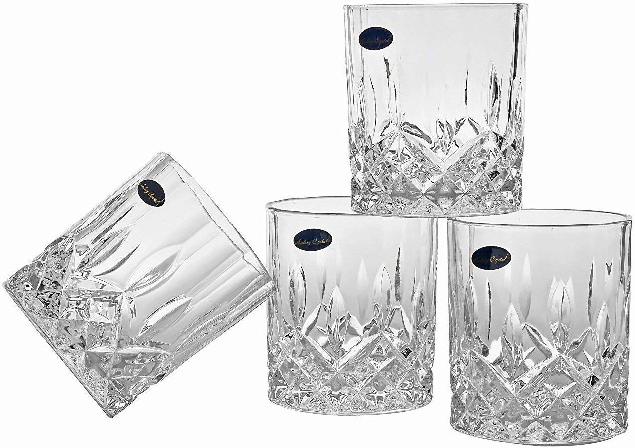 Amlong Crystal Lead-Free Double Old Fashioned Crystal Whiskey Glass - Classic Stylish Design – Perfect for Scotch, Bourbon, Cognac and Cocktail Glasses, 9 oz., Set of 4 With Gift Box