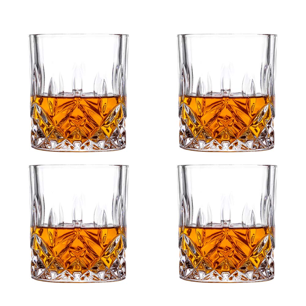 Amlong Crystal Lead-Free Double Old Fashioned Crystal Whiskey Glass - Classic Stylish Design – Perfect for Scotch, Bourbon, Cognac and Cocktail Glasses, 9 oz., Set of 4 With Gift Box