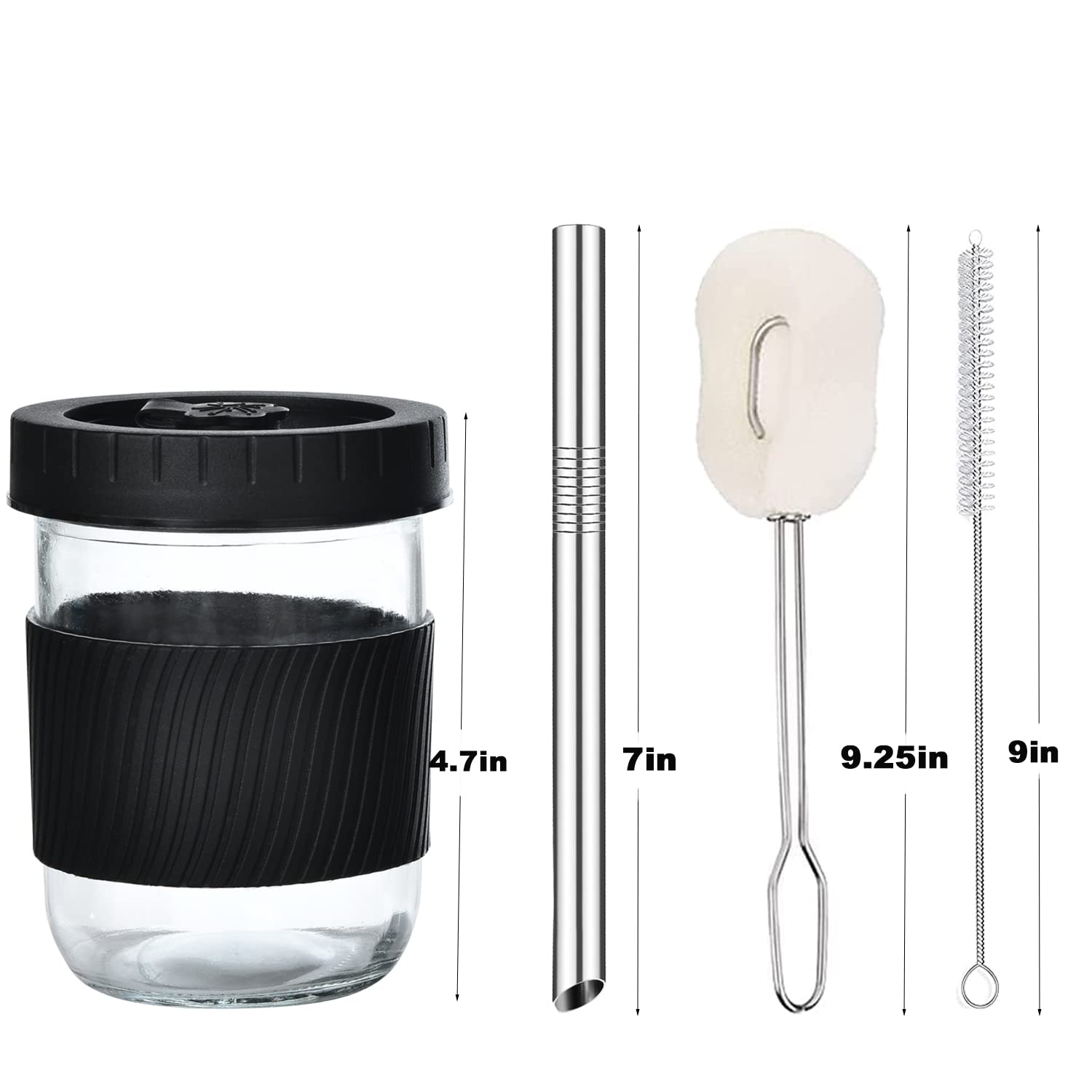 NINU 2-Pack 16oz Reusable Boba Cups Bubble Tea Cup, Wide Mouth Mason Jar Drinking Glasses with Lids and Straws, Travel Tumbler for Bubble Tea, Smoothie, Iced Coffee - Black