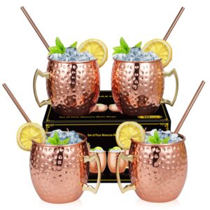 hossejoy moscow mule copper mugs - set of 4-100% handcrafted solid copper mugs, 16 oz copper cups with 4 cocktail copper straws