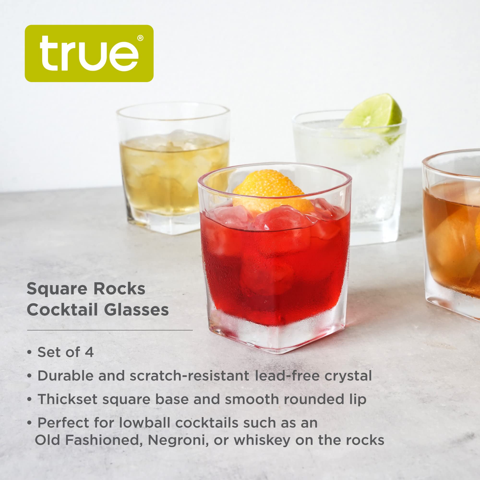 True Square Double Old Fashioned Glasses Set of 4 - Lowball Whiskey Glasses for Cocktails, Drinks or Liquor - Dishwasher Safe 10oz