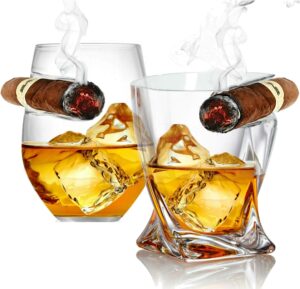 bezrat whiskey cigar glasses - set of 2 - old fashioned whiskey tumbler with side mounted holder cigar rest - father's day gift - dad, husband, grandpa, brother