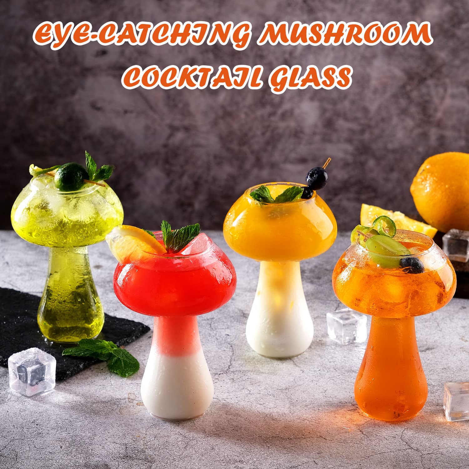 WHJY Mushroom Glass Cups, Creative Cocktails Glasses Mushroom Cup, Wine glass,Glass Goblet Drink Cup, Fun Martini Glasses 4 pack for Bar