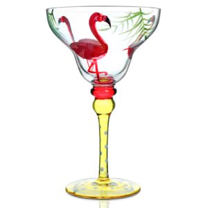 yy hand painted margarita glass - moroccan collection - hand painted glassware by artists - unique and decorative margarita glasses, kitchen table décor (flamingo)
