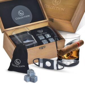 EMCOLLECTION Whiskey Glasses With Indented Cigar Holder | Cigar Cutter v-Cut | Wiskey Stones | Whiskey Gifts | Whiskey Glasses with Cigar Holder | Christmas Gifts for Cigar Lovers, Papa, Boss, Uncle