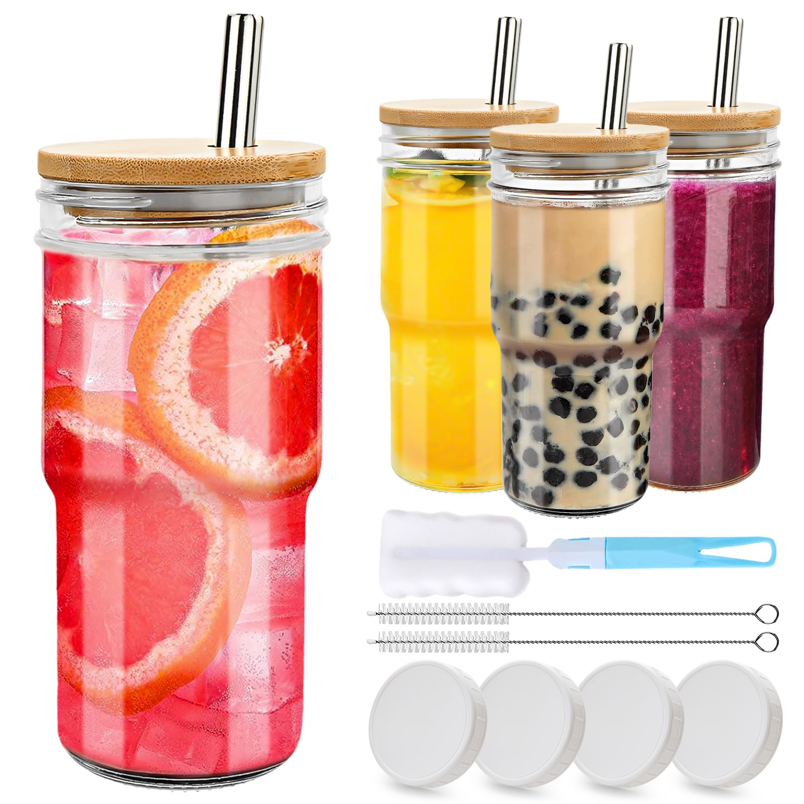 LronFensy Glass Cups with Bamboo Lids and Straws(22OZ, 4Pack) -,Reusable Boba&Smoothie Cups, Drinking Glasses Tumbler for Iced Coffee, Juice, Tea, Milk, Drinks