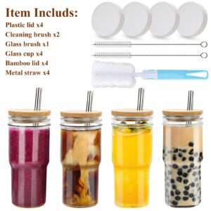 LronFensy Glass Cups with Bamboo Lids and Straws(22OZ, 4Pack) -,Reusable Boba&Smoothie Cups, Drinking Glasses Tumbler for Iced Coffee, Juice, Tea, Milk, Drinks