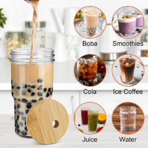 LronFensy Glass Cups with Bamboo Lids and Straws(22OZ, 4Pack) -,Reusable Boba&Smoothie Cups, Drinking Glasses Tumbler for Iced Coffee, Juice, Tea, Milk, Drinks