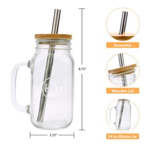 H&T Designs 4 Pack Mason Jar Cup/Mug with Handle and Bamboo Lid Stainless Steel Straw - 24 OZ Mason Jar Regular Mouth - Coffee/Smoothie/Drinking Glass