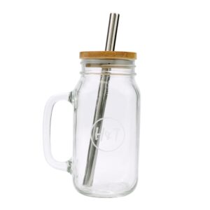 H&T Designs 4 Pack Mason Jar Cup/Mug with Handle and Bamboo Lid Stainless Steel Straw - 24 OZ Mason Jar Regular Mouth - Coffee/Smoothie/Drinking Glass